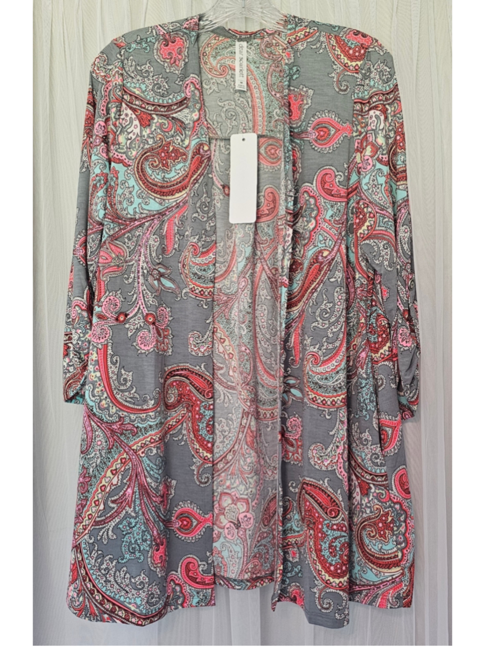 Women's Dear Scarlett Paisley Open Front Cardigan Size S Grey Pink